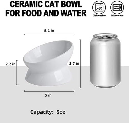 Elevated Ceramic Cat Bowl, 15° Tilted Raised Food & Water Dishes, Anti-Vomiting & Neck Protection Pet Feeder for Kittens, Small Dogs (5.2", White, 2pc Set) - Image 2