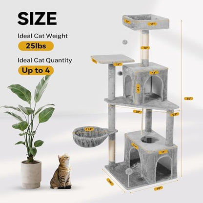 54inch Large Cat Tree Tower Condo with Hammock for Indoor Cats, Soft Plush Multi-Level Climbing Tree Cat House with Cat Cave, Scratching Post, Sisal Rope, Light Grey - Image 2