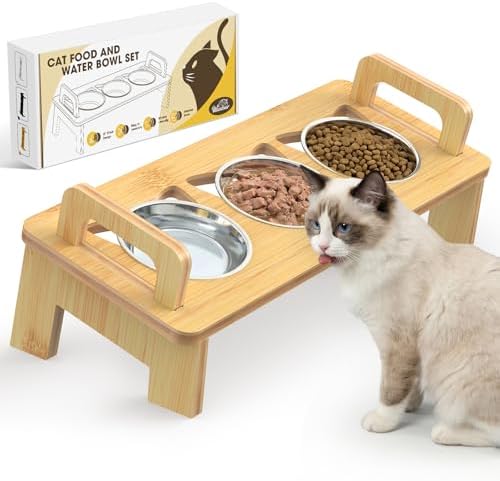 Bamboo Elevated Cat Bowls, 3 Stainless Steel Raised Cat Bowl with Stand, 15°Tilted Cat Feeding Station, Cat Food and Water Bowl Set for Small Cats, Anti Vomitting, Whisker Fatigue (Natural) by Unknown