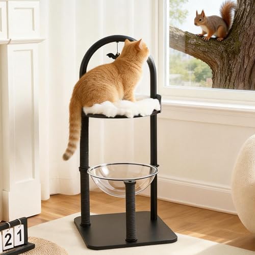 34" Modern Cat Tree Furniture for Indoor Small & Medium Cats, Minimalist Cat Tower with Scratching Posts, Wood Platforms, Capsule Perch, Stable Steel Frame & Washable Cushion, Classic Black - Image 2