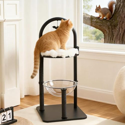 34" Modern Cat Tree Furniture for Indoor Small & Medium Cats, Minimalist Cat Tower with Scratching Posts, Wood Platforms, Capsule Perch, Stable Steel Frame & Washable Cushion, Classic Black - Image 2