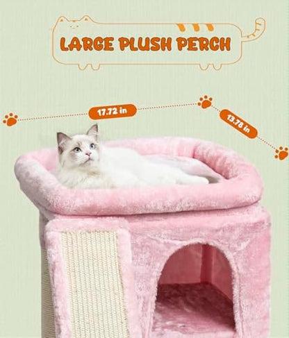 SYANDLVY Small Pink Cat Tree with Perch for Indoor Cats, Cat Tower with Scratching Post, Modern Activity House for Large Cats, Condo with Board, Kittens Cave - Image 5