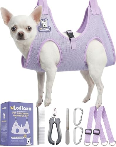 Loflaze Dog Grooming Hammock Harness for Dogs & Cats with Pet Nail Clipper Trimmer - Cat Hanger Sling for Trimming Clipping Nails- Dog Hammock Restraint Bag for Small Medium Large pet （ Purple XS） by Loflaze