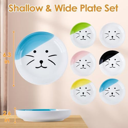 6PCS Ceramic Cat Dish, Shallow and Wide Plate Relief Whisker Fatigue, Dishes for Food and Water, Whisker-Friendly Design, 5.9W x 1.18D Inch, for Indoor Cats and Small Dogs, Multi Color - Image 2