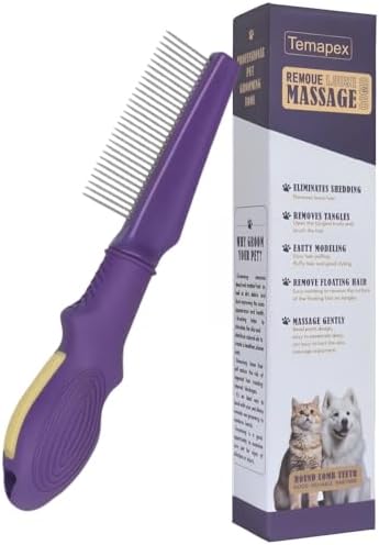 Pet Comb for Grooming Long Haired Cats & Dogs With Stainless Steel Metal Teeth for Shedding and Tangles, Non-slip & Anti-static rubber handle,Safe & Gentle Pet Grooming Comb by Temapex