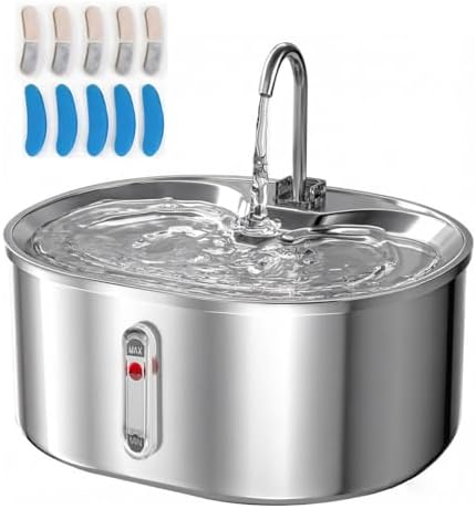 Stainless Steel Cat Water Fountain, 3.2L/108oz Automatic Pet Fountain Dog Water Dispenser,Ultra-Quiet Pump and 5 Replacement Filters,Gifts for Cats, Dogs,Multiple Pets by Unknown