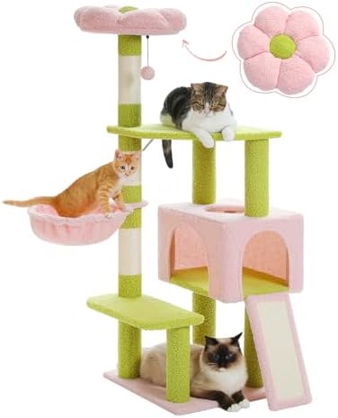 MUTTROS Flower Cat Tree 47.2" Multi-Level Cat Tower with Sisal Covered Scratching Posts, Cute Cat Condo for Indoor Small Medium Cats, Pink Top Perch, Fluffy Ball, Pink by MUTTROS