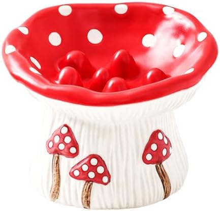 Elevated Ceramic Cat Bowls for Food & Water, Red Mushroom Cats Bowl with protruding Feet, Raised Height for Cats, Whisker Fatigue Shallow Food Dish by Unknown