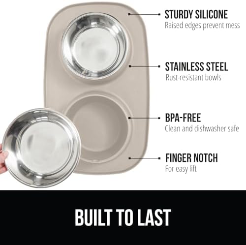 GORILLA GRIP Dog Bowl Set with Feeding Mat, 304 Stainless Steel 1 Cup Beige - Image 2