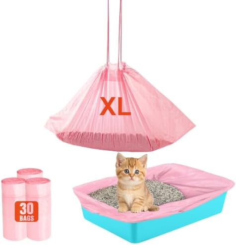 Cat Litter Liners XL Heavy Duty Tear Resistant Disposable Litter Box Bags Drawstring Liners for Easy Clean Up & Odor Control, Fits Most Large Litter Boxes 36"x18" Pink 30 Count by Unknown