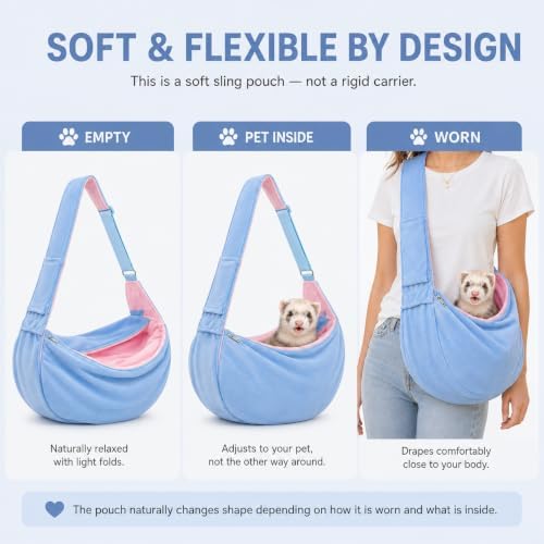 Ferret Sling Carrier, Soft Fleece Small Pet Carrier Bag with Adjustable Shoulder Strap, Hands-Free Bonding Travel Pouch for Guinea Pigs, Kittens, Puppies & Small Rabbits Under 10 lbs, Blue - Image 5