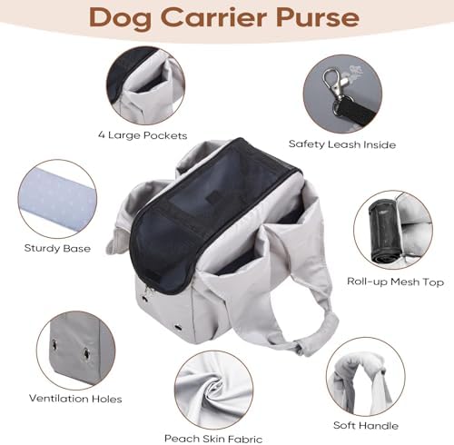 Dog Purse Carrier for Small Dogs, Cats, and Puppies – Soft-Sided Travel Pet Tote Bag with 4 Large Pockets, Foldable, Lightweight, Fits Pets up to 15 lbs, for Travel, Outings (Grey) - Image 3