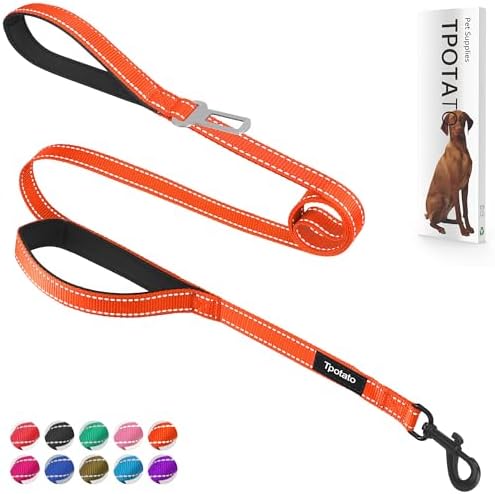 6 Foot Orange Dog Leashes for Large Medium and Small Breed Dogs That Pull,Reflective Nylon Heavy Duty Dog Leash with 2 Comfortable Padded Traffic Handles and Car Seat Belt for Walking and Training by Tpotato