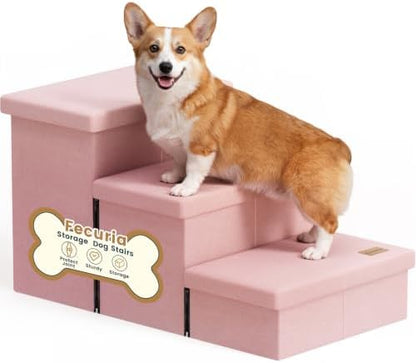 3-Step Wide Dog Stairs with Hidden Storage 18" H, Non-Slip Dog Steps for High Bed Couch Window Car, Jiont-Friendly Pet Stairs Ramp for Small/Medium/Large Old Dogs Cats Up to 200lbs, Pink by Fecuria