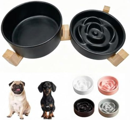 Ceramic Slow Feeder Dog Bowl Set-0.8 Cup Puzzle Dog Food Bowl（≈180g Food） for Fast Eater & 850ML Dog Water Bowl with Wooden Stand for Small Dogs and Cats,Anti-Slip,Black by Unknown