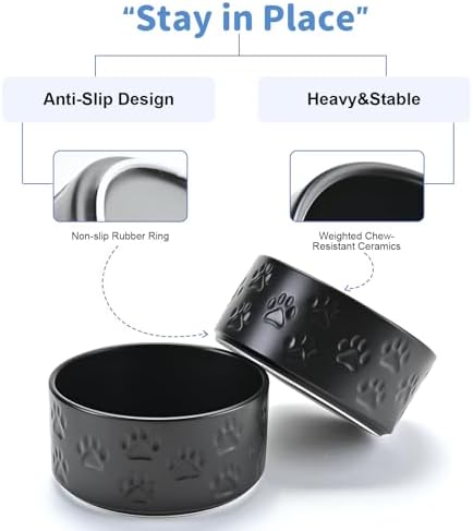 SPUNKYJUNKY Ceramic Dog and Cat Bowls 2 Pack, 5.1'' Dog and Cat Food Water Double Feeding Bowls Non-Slip for Cats and Puppy Small Sized Breed Dogs Microwave Dishwasher Safe - 13.5 OZ, 2pcs, Paw Black - Image 4