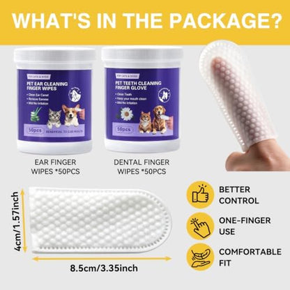 Pet Ear Finger Wipes and Dental Wipes, Hypoallergenic, Rinse-Free, Thick Dual-Textured Ear & Mouth Cleaning Wipes for Dogs & Cats(50pcs + 50pcs, Unscented) - Image 5