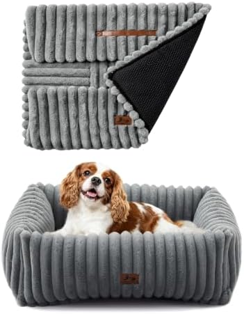 Washable Dog Bed Small Medium Size Dog, Rectangle Orthopedic Pet Bed for Car and Indoor,Fluffy Memory Foam Dog Beds with Anti-Slip Bottom, Grey (25x21x7 inches) by WARMREST