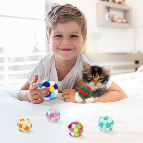 TUSATIY Interactive Cat Ball Toy,6pcs Fuzzy Kitty Balls with Bells,Cat Pom Pom Balls for Kittens to Keep Busy,Colorful Cat Chew Toys for Indoor Cats - Image 2