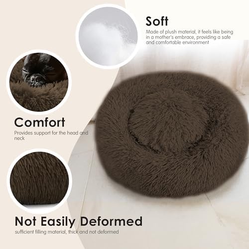 28in Large Dog Bed, Calming Donut Bed for Puppy and Kitten (Coffee) - Image 4