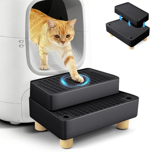 Extra Large 2 Steps Cat Litter Box Step Ramp, Cat Litter Catcher Mat with Wooden Feet, Filter Function, Cat's Pedal Stool for Self-Cleaning Litter, Suitable Kitten & Elderly Cats (Black) by Bartuke