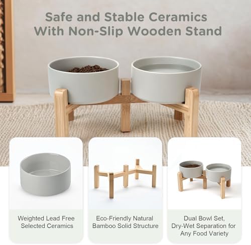 SPUNKYJUNKY Elevated Dog Bowls Ceramic, 6.1'' Dogs and Cat Food Water Bowls Raised with Non-Slip Bamboo Stand for Medium Sized Breed Microwave Dishwasher Safe - 28.7 OZ,Grey - Image 6
