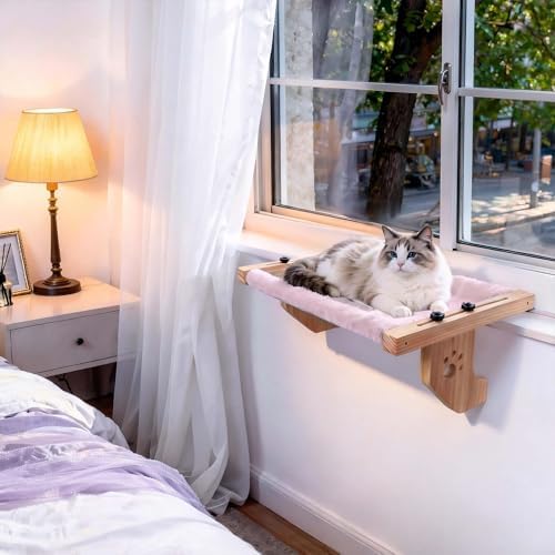 ESPETS Wooden Cat Window Bed for Large Cats, Pink Cat Window Perch Hammock by ESPETS