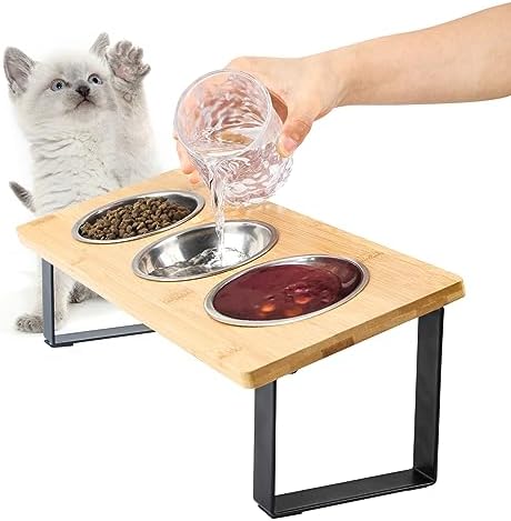 Elevated Cat Bowls, Raised Cat Food Bowls, 15°Tilted Stainless Steel Cat Bowls for Indoor Cats, Anti Vomit, Bamboo, Stand with 3 Feeder Bowls for Cats and Puppy by SZSFSYYX