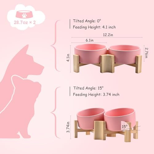 SPUNKYJUNKY 15° Slanted Ceramic Dog and Cat Bowl with Wooden Stand, Tilted Bulldog Food and Water Bowl No Slip Non-Spill for Cats Medium Dogs Big Face Pets 28.7 OZ (3.6 Cups, Pink × 2) - Image 4