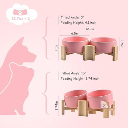 SPUNKYJUNKY 15° Slanted Ceramic Dog and Cat Bowl with Wooden Stand, Tilted Bulldog Food and Water Bowl No Slip Non-Spill for Cats Medium Dogs Big Face Pets 28.7 OZ (3.6 Cups, Pink × 2) - Image 4