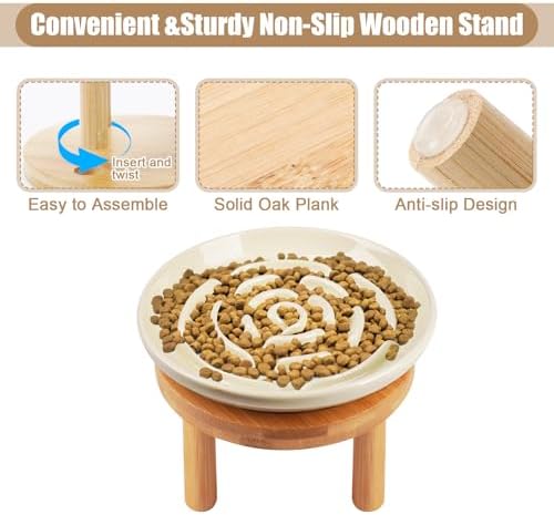 Elevated Slow Feeder Cat Bowls, Ceramic Cat Slow Feeder Bowl with Bamboo Stand, 5.9 Inch Wide Shallow Cats Bowl Whisker Friendly, Anti Vomiting Puzzle Feeder for Dry or Wet Food Dishwasher Safe - Image 3