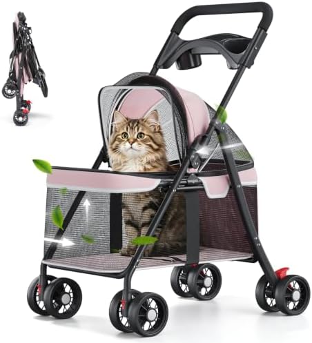 GTPLAYER Foldable Pet Stroller for Small Dogs and Cats, Holds Up to 33 lb, 4 Wheel, Full Mesh Ultra Breathable, Safety Tethers, Cup Holder & Poop Bags Included, Pink by GTPLAYER