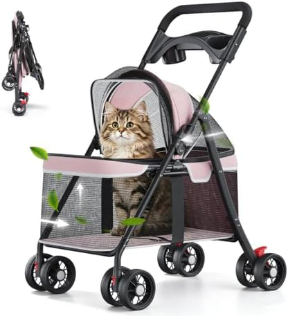 GTPLAYER Foldable Pet Stroller for Small Dogs and Cats, Holds Up to 33 lb, 4 Wheel, Full Mesh Ultra Breathable, Safety Tethers, Cup Holder & Poop Bags Included, Pink by GTPLAYER