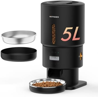 Automatic Cat Feeder - 5L Anti-Clog Cat Food Dispenser Keeps 2-15mm Dry Food Fresh, 10s Voice, 1-6 Meals/Day, Programmable Portions, 180-Day Battery Life, Easy to Clean Auto Pet Feeder for Small Dog by Nityers