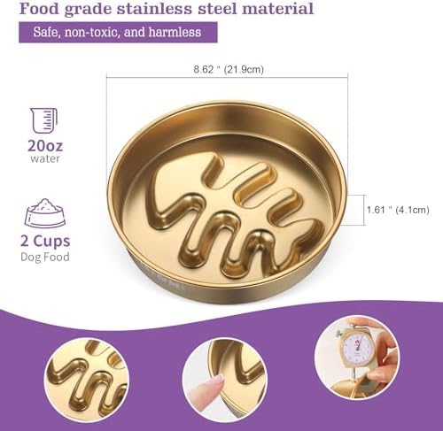 Golden Stainless Steel Slow Feeder Dog Bowls – Non-Slip Metal Dog Bowl for Large & Medium Breeds, Puppy Puzzle Feeder – 2 Cup Capacity for Small to Big Pets – Durable Slow Feed Dog & Cat Food Dish - Image 2