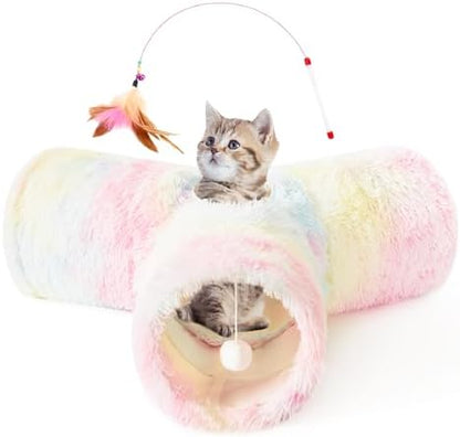 Tempcore Plush Pet Cat Tunnel Tube Cat Toys 3 Way Collapsible, Tunnels for Indoor Cats，Kitty Tunnel Bored Pet Toys Peek Hole Ball Puppy, Kitty, Kitten, Rabbit Rainbow by Tempcore