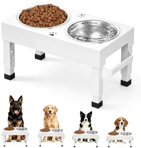Elevated Dog Bowls Stand Large Breed, Height Adjustable Raised Dog Bowls Holder with 2 Stainless Steel Food Bowls for Small, Medium and Large Canine，White by Unknown