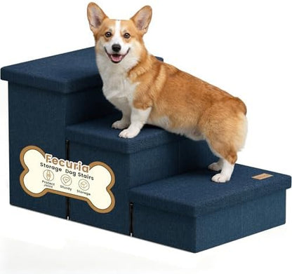3-Step Wide Dog Stairs with Hidden Storage 18" H, Non-Slip Dog Steps for High Bed Couch Window Car, Jiont-Friendly Pet Stairs Ramp for Small/Medium/Large Old Dogs Cats Up to 220lbs, Navy by Fecuria