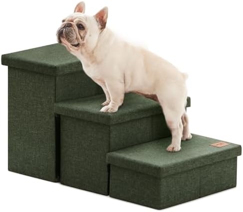 Love's cabin Dog Stairs for High Bed, Foldable Pet Stairs for Small Medium or Large Dogs Puppy with Storage for Bed or Couch, Cat Dog Steps Ramp with Zip up to 200 lbs, Dark Green, 3 Steps by Lovescabin