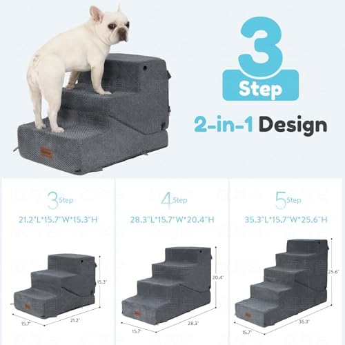 3-Step Dog Stair and Ramp for Small Dogs and Cats, Pet Steps for Sofa and Couch with Non-Slip Bottom, Grey - Image 2