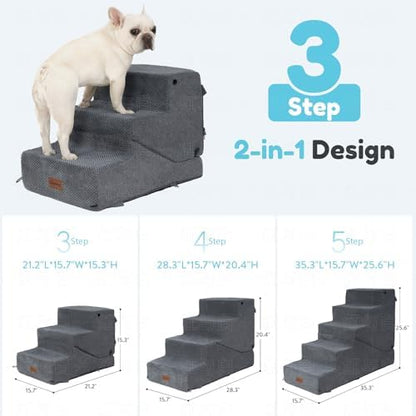 3-Step Dog Stair and Ramp for Small Dogs and Cats, Pet Steps for Sofa and Couch with Non-Slip Bottom, Grey - Image 2