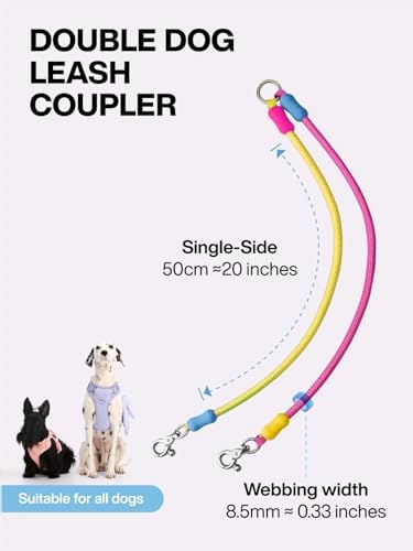 Tangle-Free Double Dog Leash Coupler No-Tangle O-Ring & 360° Swivel Clip,Extension Rope for Large Medium Dogs Over 40 lbs (Pink Lemonade Puff, 20'') - Image 2