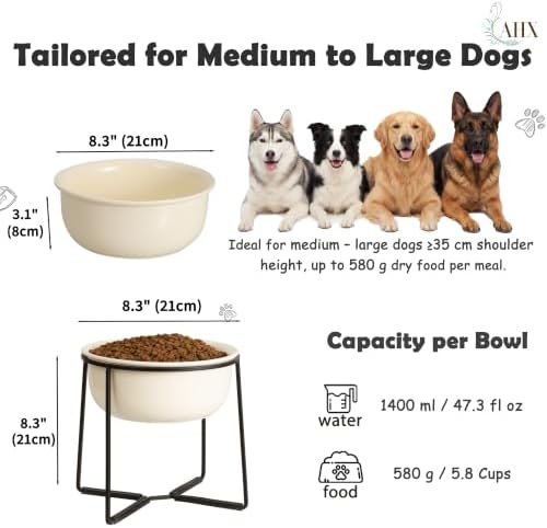 Ceramic Elevated Dog Food Bowl - Heavyweight Feeding Bowl with Metal Stand - Raised Pet Dish for Medium and Larges Dogs - 5.8 Cups - 47.3 oz - Beige - Image 2