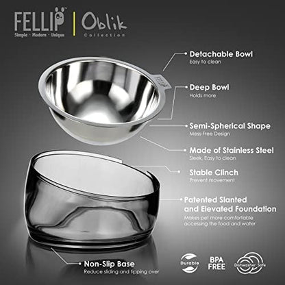 Felli Pet Oblik Acrylic Raised Dog Food Water Bowl Stainless Steel Slanted Oval Dish for Short Leg Puppy & Small Medium Pet, Elevated Tilted Metal Feeder (Smoky, 1.5 Cups Oval Dish) - Image 6