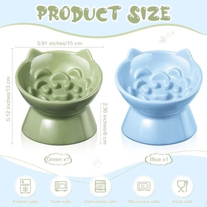 Funnymoom 2 Pcs Ceramic Raised Slow Feeder Cat Bowl, 5.91inch Elevated Cat Slow Feeder Bowl Tilted Anti Vomiting for Dry Wet Food and Water Easy to Clean High Edge(Green, Blue) - Image 2