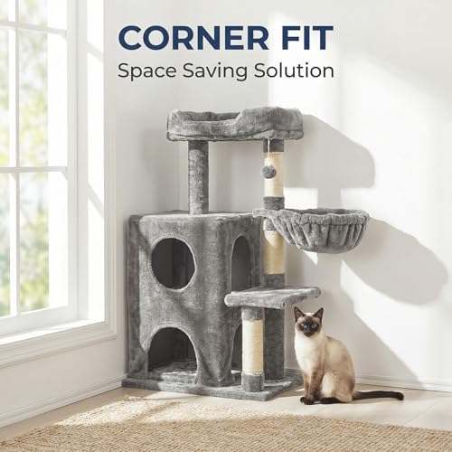 Fansafurn Cat Tree Tower for Indoor Cats, 36-inch Adult Cat Tree House for Large Adult Cats with Steps, Scratching Post, 2 Cat Condo, Dangling Toys, Light Grey - Image 2