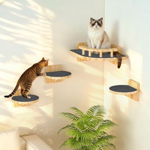 XiaZ Cat Wall Shelves, Corner Cat Shelf with 3 Wide Perch Steps, Kitty Wall Climber Wooden Furniture up to 25lbs, Modern Floating Cats Stairs for Indoor Sleeping, Playing, Climbing by XiaZPet