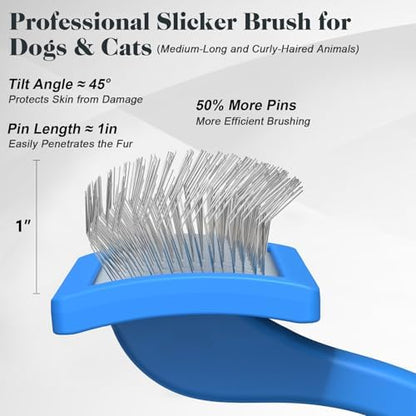 2PCS Slicker Brush for Dogs & Pet Comb,Professional Dog Grooming Brush (Goldendoodles,Poodles,Labradoodles) with Extra Long Pins to Effectively Remove Tangles, Knots and Mats (Blue, Medium) - Image 3