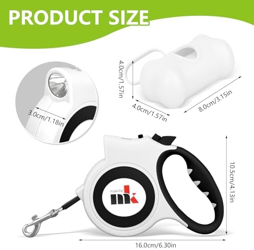 Retractable Dog Leash with LED Light Makife 5m Extendable Dog Lead for Small Medium Puppis up to 25kgs, One-Hand Brake & Lock System, Ergonomic Handle (White) - Image 2