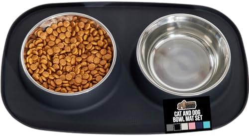 GORILLA GRIP Dog Bowl Set with Feeding Mat, 304 Stainless Steel 3 Cup Black by GorillaGrip